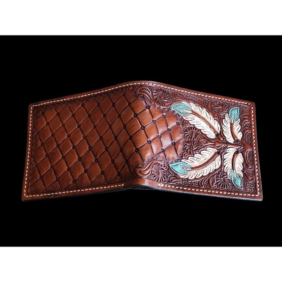 Western Chestnut Leather Bi-fold Wallet Floral FeatersTooled Basket Weave - Picture 5 of 9